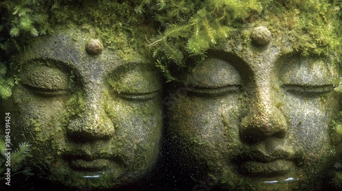 Two ancient stone Buddha statues covered in moss and lush green foliage, serene and tranquil, symbolizing peace and natures embrace.