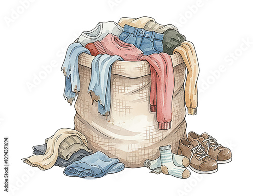 Bag of used clothes and dirty laundry with shoes and socks on the floor watercolor artwork