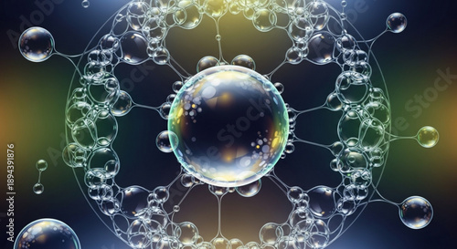 Molecular structure with a central sphere surrounded by smaller spheres connected by lines on a dark background with green and yellow