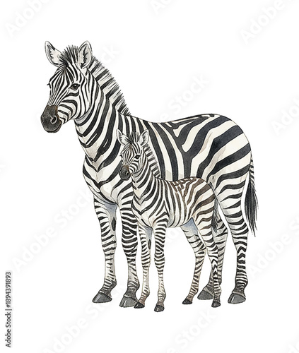 Mother Zebra and Foal Standing Peacefully Together on Grass in a Gentle Watercolor Illustration