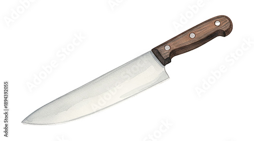 Watercolor illustration of a professional chef knife with a wooden handle perfect for kitchen and cooking tasks