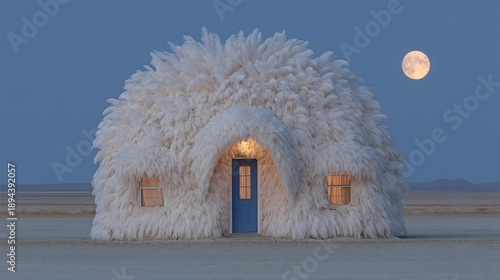 Whimsical Igloo Home Under a Full Moon.
