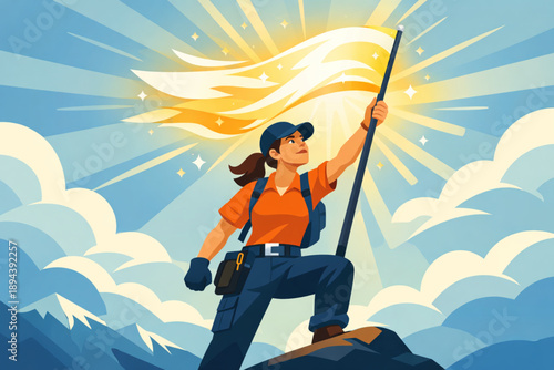 Working woman raising light flag with determined energy