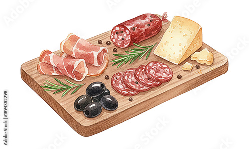 Delicious Appetizer Charcuterie Board with Cured Meats Cheese Olives and Rosemary Sprigs Watercolor Painting