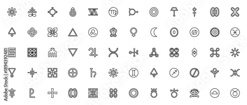 Alchemy and astrology symbols set. Vector icon collection featuring gods shield, sulphur, zodiac signs, planets, elements and more. Editable stroke.