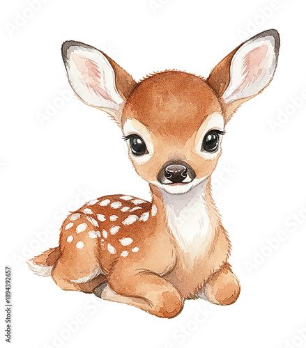 Adorable baby deer fawn with white spots sitting peacefully on a subtle green watercolor patch looking innocent and sweet