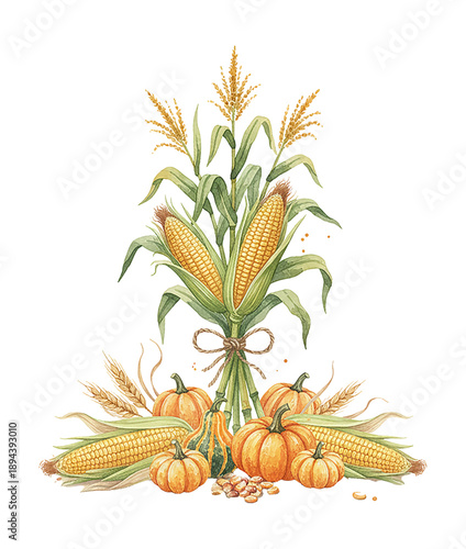 Bountiful autumn harvest display featuring golden corn stalks pumpkins gourds and wheat tied with a bow