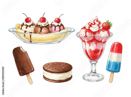 Watercolor Illustration of Delicious Cold Treats Assortment Featuring Ice Cream Sundae Banana Split Popsicle and Sandwich
