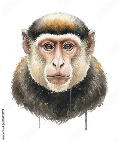 Detailed watercolor portrait of a monkey head with brown and white fur looking directly forward with a calm expression