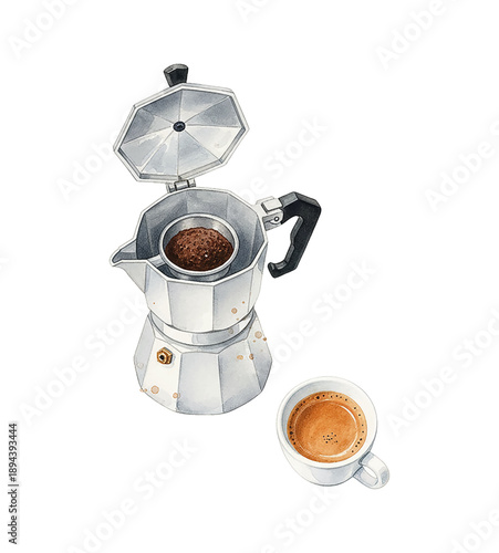 Fresh espresso in a white cup next to an open Moka pot filled with coffee grounds and whole beans watercolor