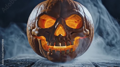 Wallpaper Mural Spooky Halloween Pumpkin Carving with Skull Face and Glowing Lights. Torontodigital.ca