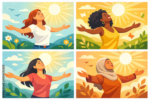 Woman with open arms receiving direct sunlight in expressive natural setting