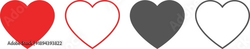 Set of heart icons in solid and outline styles isolated on white background for love design