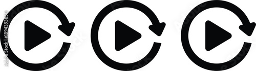 Set of replay play loop icons representing refresh repeat media controls isolated on white background design interface ui