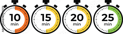 Set of stopwatch timer icons showing ten fifteen twenty and twenty five minutes isolated on white background design
