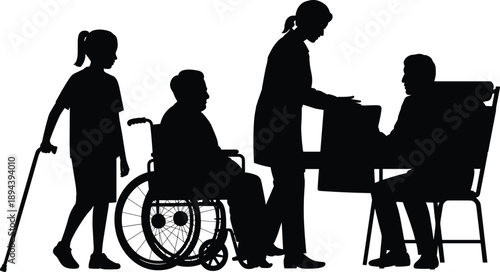 Elderly care and disability support silhouette vector, nurse assisting senior people, healthcare concept, rehabilitation and social support illustration for medical service design