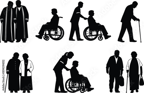 Elderly and disabled people silhouettes vector illustration set, senior care, wheelchair assistance and social support scenes, healthcare and accessibility concepts, black isolated on white background