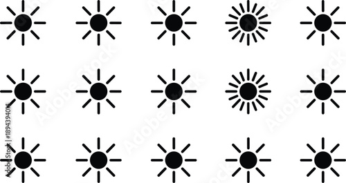 Set of sun icons in different styles representing brightness weather and daylight isolated on white background design