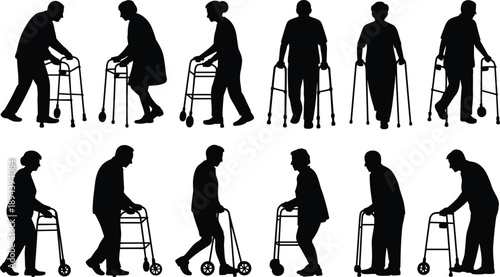 Elderly people silhouette vector illustration, senior citizens using walkers, mobility aid graphic, healthcare support design, rehabilitation and nursing care concept clipart