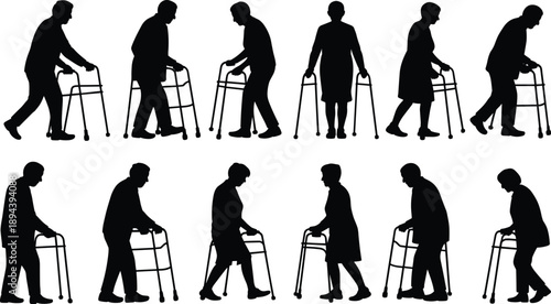 Elderly people silhouette vector illustration, senior men and women using walkers, healthcare support design, mobility aid concept, rehabilitation and nursing care graphic clipart