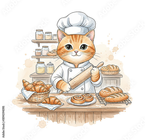 A happy orange cat chef holding a rolling pin ready to bake surrounded by delicious fresh pastries