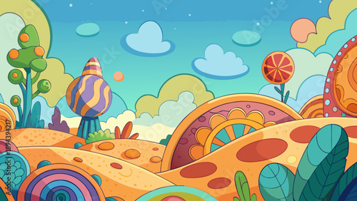 Seamless vector illustration of a tropical summer beach landscape featuring flowers, butterflies, and palm trees under a sunny sky with ocean waves