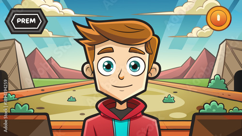 A smiling cartoon kid with glasses has fun playing with a ball and a toy airplane alongside his dog in this vector illustration of a happy school child character