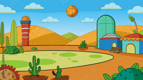 A vibrant summer vector illustration of a cartoon rural landscape featuring a house and farm nestled among green rolling hills, trees, and meadows under a sunny blue sky with fluffy clouds