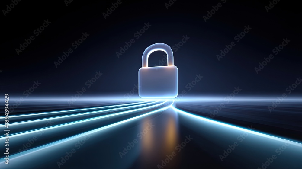 Naklejka premium Futuristic Digital Padlock with Neon Light Trails on a Dark Background Representing Data Security, Protection, and Modern Technology in Cyber Space