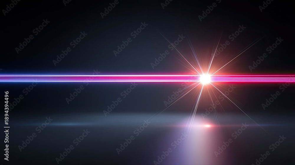 Fototapeta premium Vibrant Abstract Light Beam with Red and Blue Rays Spreading Across Dark Background in a Captivating Display of Color and Illumination Effects