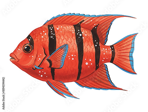 Red tropical fish with black stripes and blue fins swimming an underwater marine animal illustration