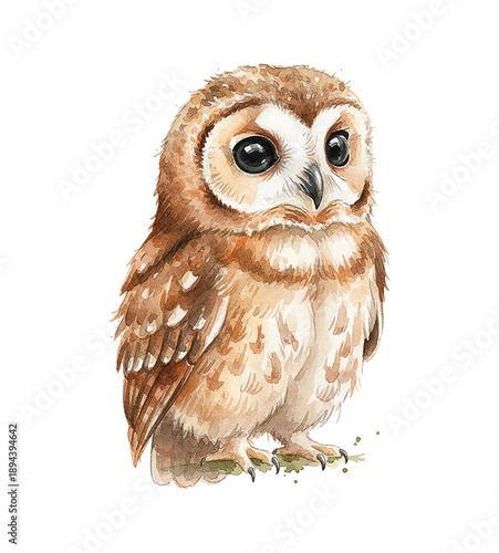 Cute small brown and white watercolor owl standing with innocent curious expression
