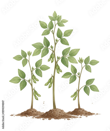 Three vibrant soybean plants with green leaves and pods growing in rich soil detailed watercolor illustration