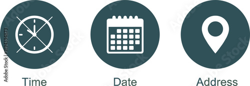 Time date and address icons set representing scheduling calendar location and essential user interface information elements