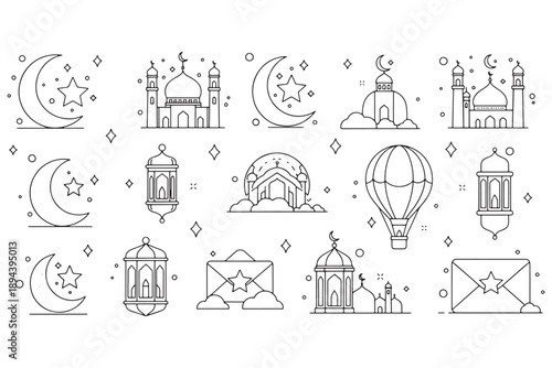 A collection of black and white illustrations depicting Ramadan symbols and icons, including mosques, crescent moons, stars, lanterns, and hot air balloons.