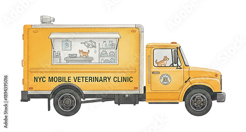 Yellow mobile veterinary clinic truck illustration with a cat receiving care and a dog driving