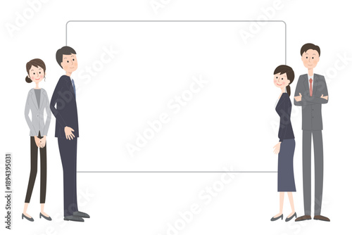 白いフレームを見ているスーツ姿の男女