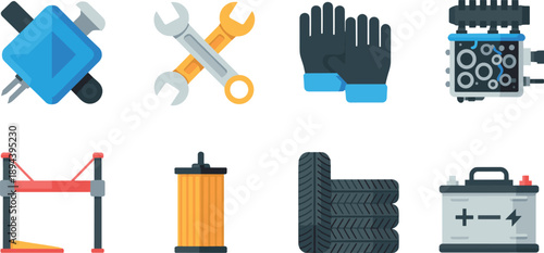 Automotive repair tools vector illustration set showing wrench gloves engine jack tires battery oil filter flat isolated white background