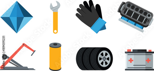 Automotive service tools vector illustration set including wrench gloves jack tires battery oil filter flat design isolated white backgroundAutomotive service tools 