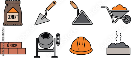 Construction materials and tools icon set with cement bag trowels wheelbarrow bricks mixer helmet flat vector illustration