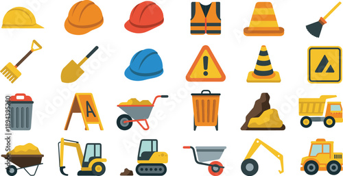 Construction safety equipment and machinery vector illustration set including helmets tools vehicles warning signs for industrial building work