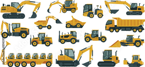 Construction vehicles vector illustration set showing excavators loaders bulldozers dump trucks rollers graders heavy machinery for industrial building projects