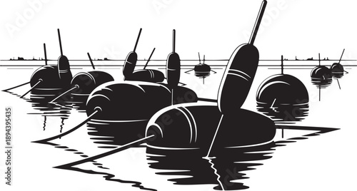 Black and white illustration of fishing buoys on water