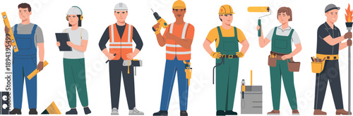 Construction workers professionals set with tools uniforms safety helmets tradespeople characters vector illustration for building renovation maintenance industry projects design