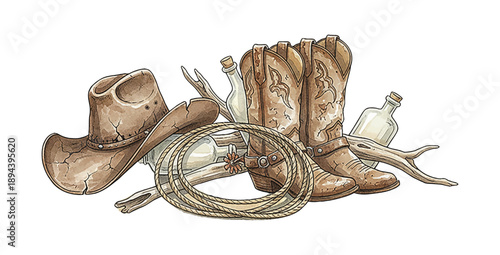 Western themed arrangement of rustic cowboy hat boots and lasso with bottles and driftwood in watercolor style