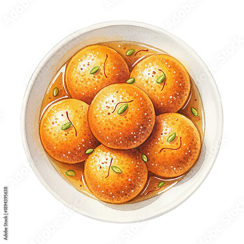 Watercolor style Indian Gulab Jamun dessert in a white bowl with sweet syrup and pistachio garnish