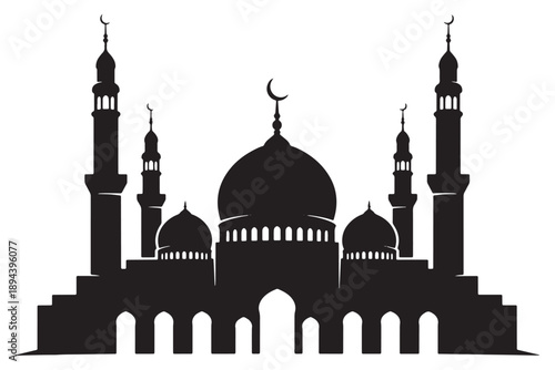 A stunning black silhouette of a mosque with multiple domes and minarets against a white background