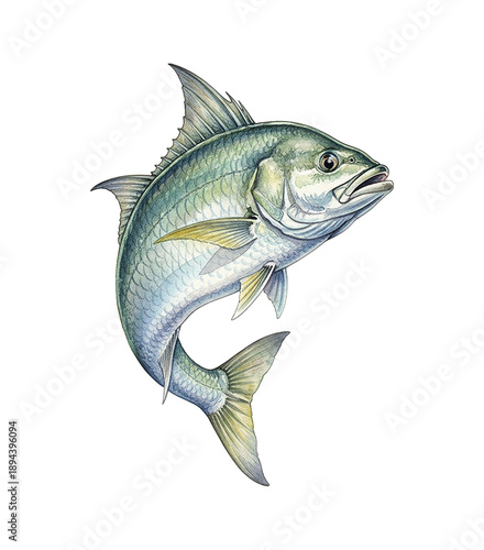 Vibrant Watercolor Illustration of a Leaping Fish Showing Dynamic Movement with Water Splashes on White