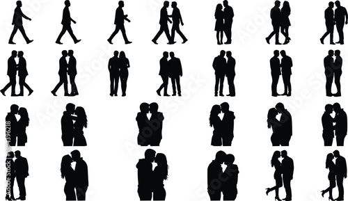 Romantic couple silhouettes set, men and women walking hugging kissing poses, love relationship people figures vector illustration isolated