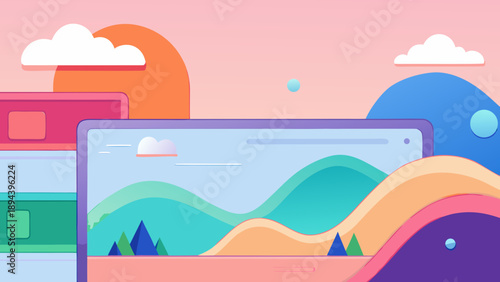 Vector illustration of a modern house on a tropical beach landscape with abstract clouds and summer ocean waves under a sunny sky
